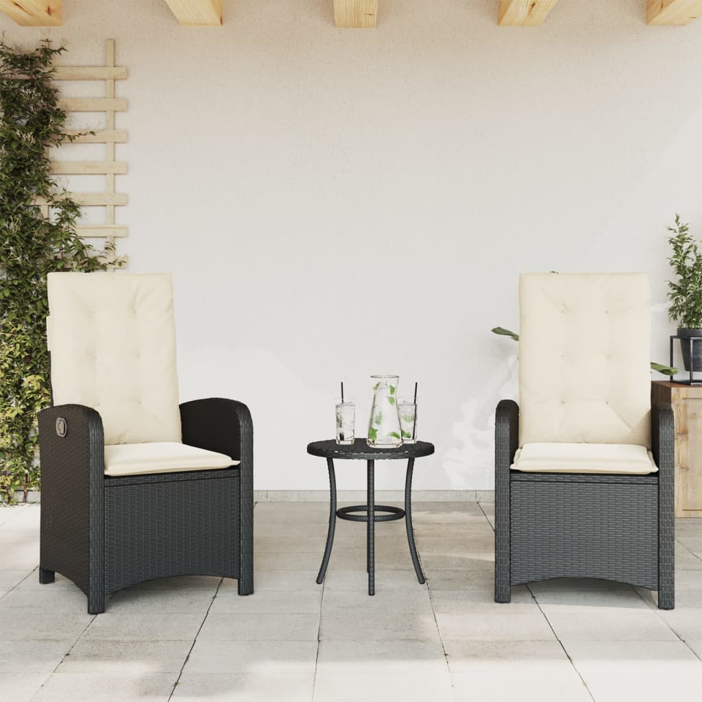 3-tlg. Bistro-Set mit Kissen Schwarz Poly Rattan