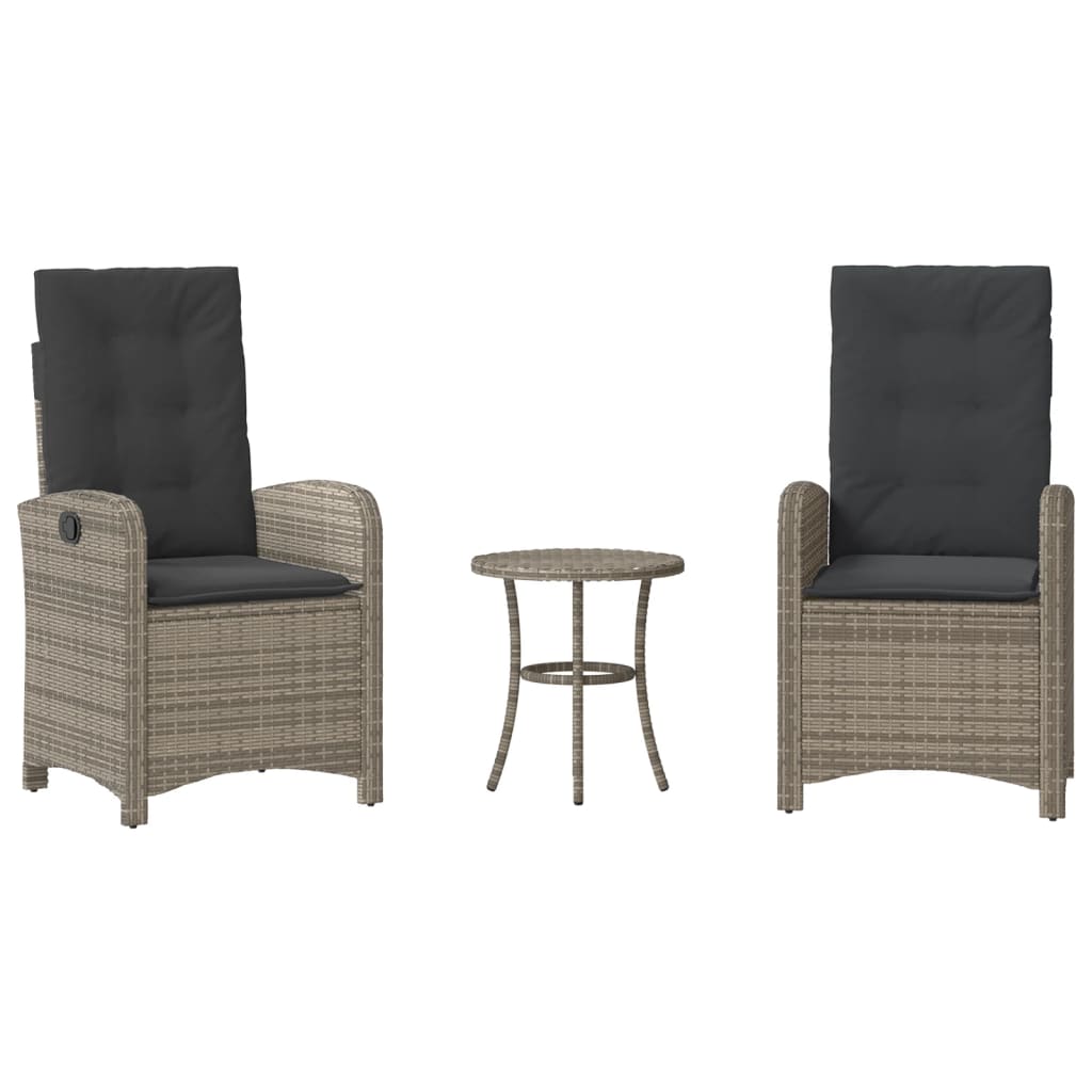 3-tlg. Bistro-Set mit Kissen Grau Poly Rattan