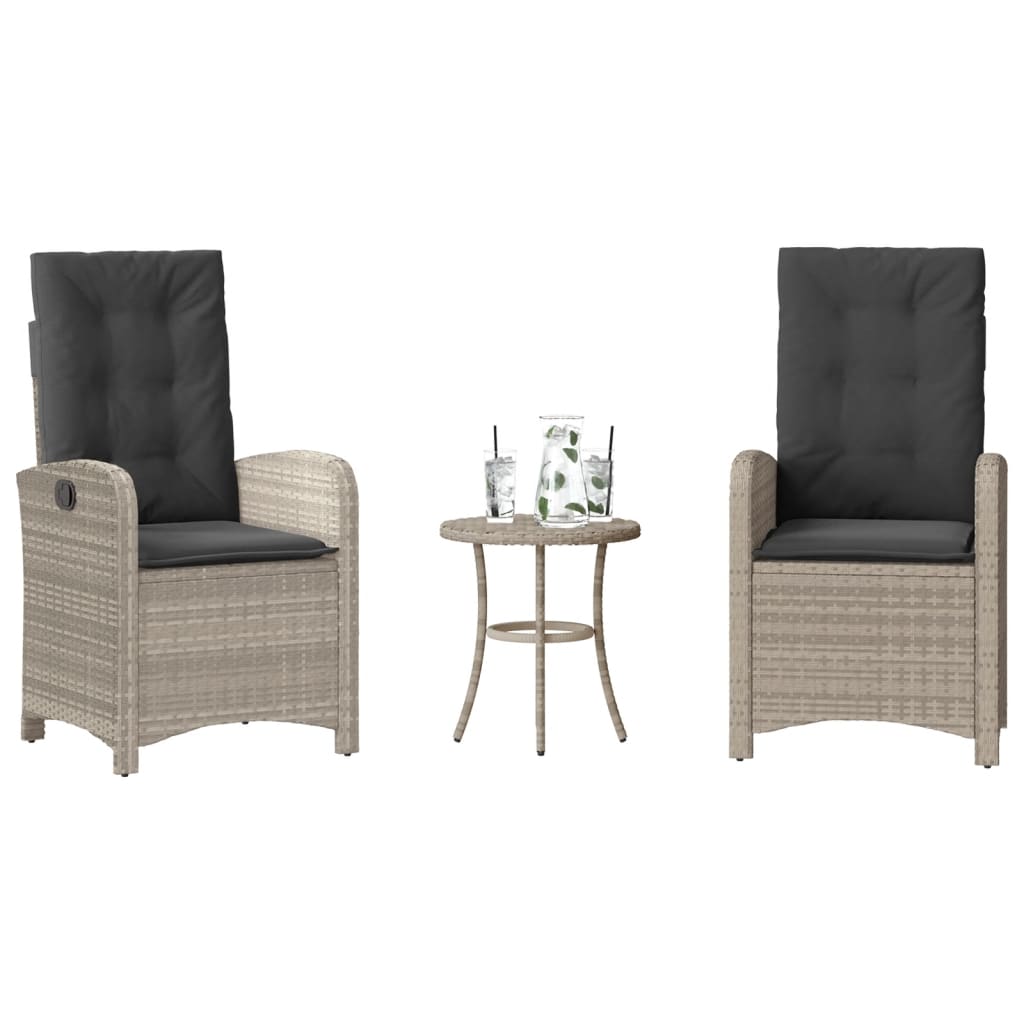 3-tlg. Bistro-Set mit Kissen Hellgrau Poly Rattan