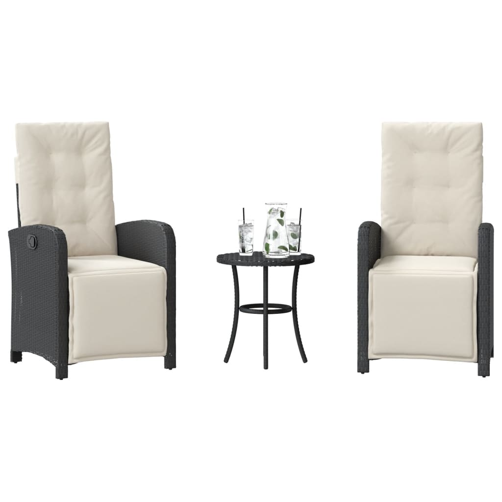 3-tlg. Bistro-Set mit Kissen Schwarz Poly Rattan