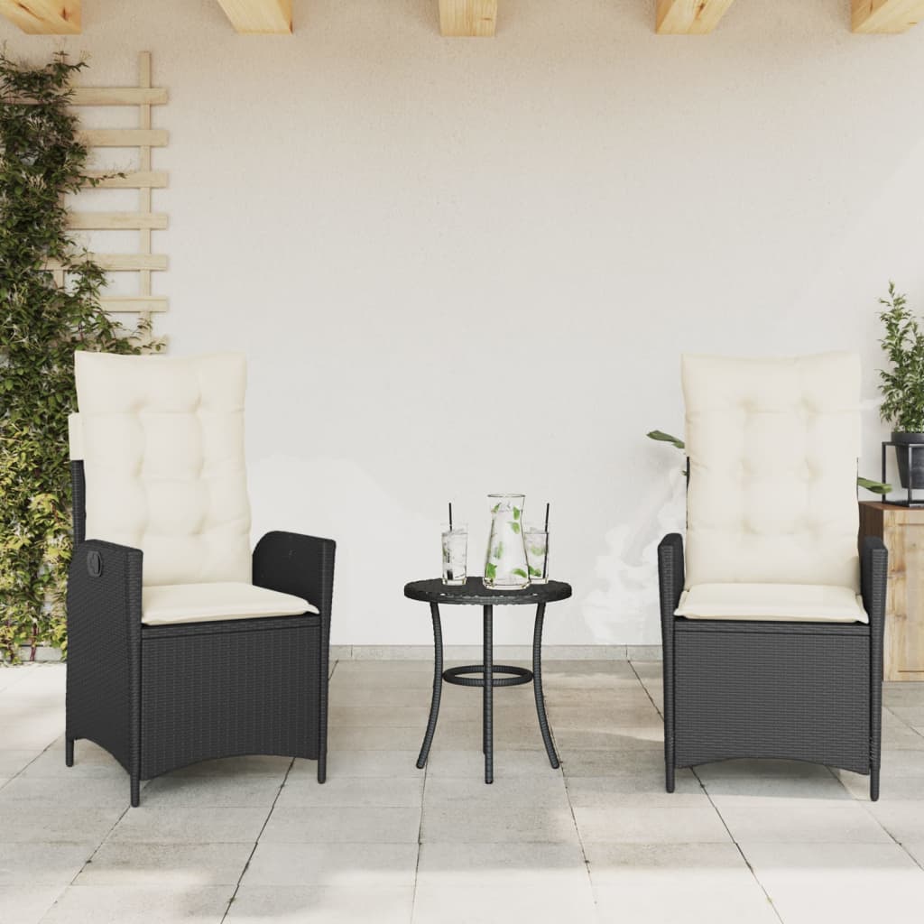 3-tlg. Bistro-Set mit Kissen Schwarz Poly Rattan