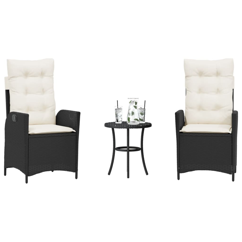 3-tlg. Bistro-Set mit Kissen Schwarz Poly Rattan