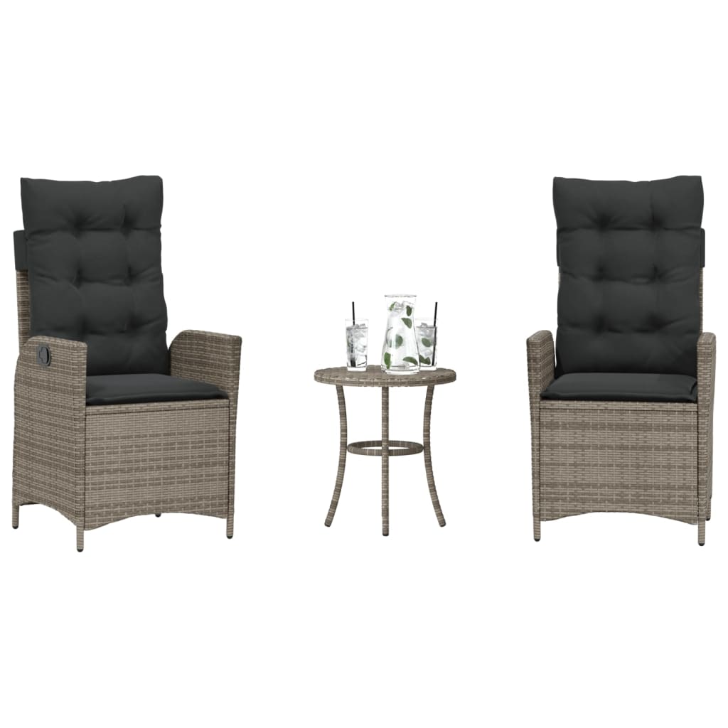 3-tlg. Bistro-Set mit Kissen Grau Poly Rattan