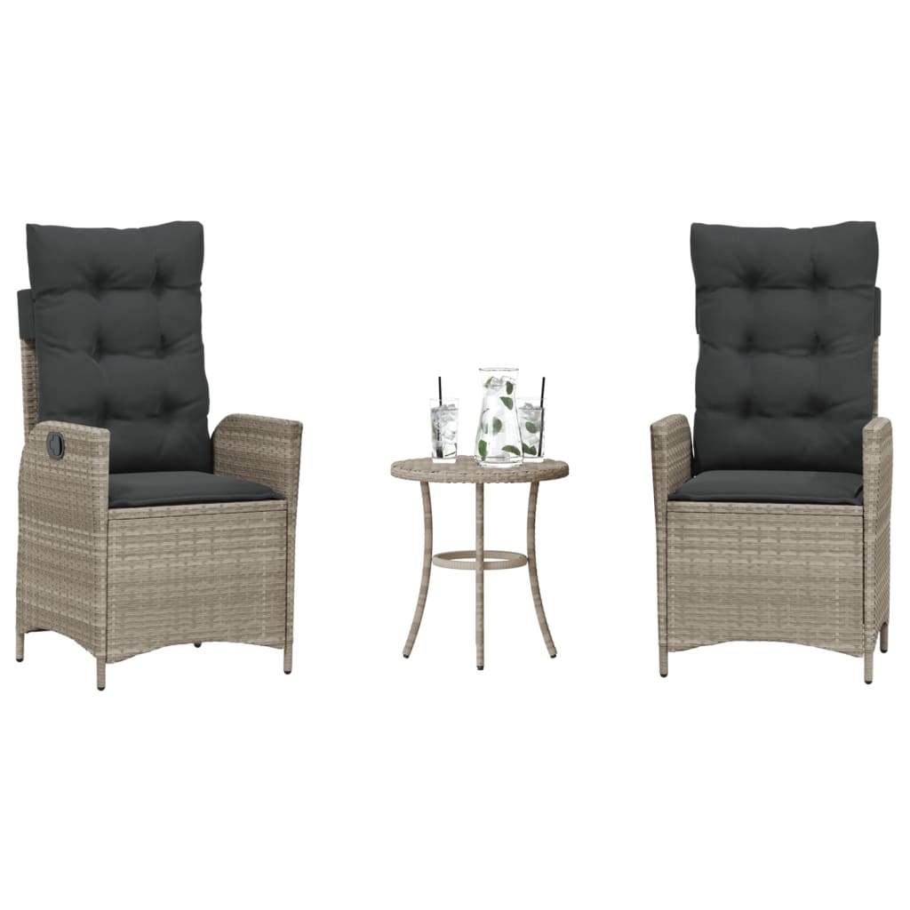 3-tlg. Bistro-Set mit Kissen Hellgrau Poly Rattan