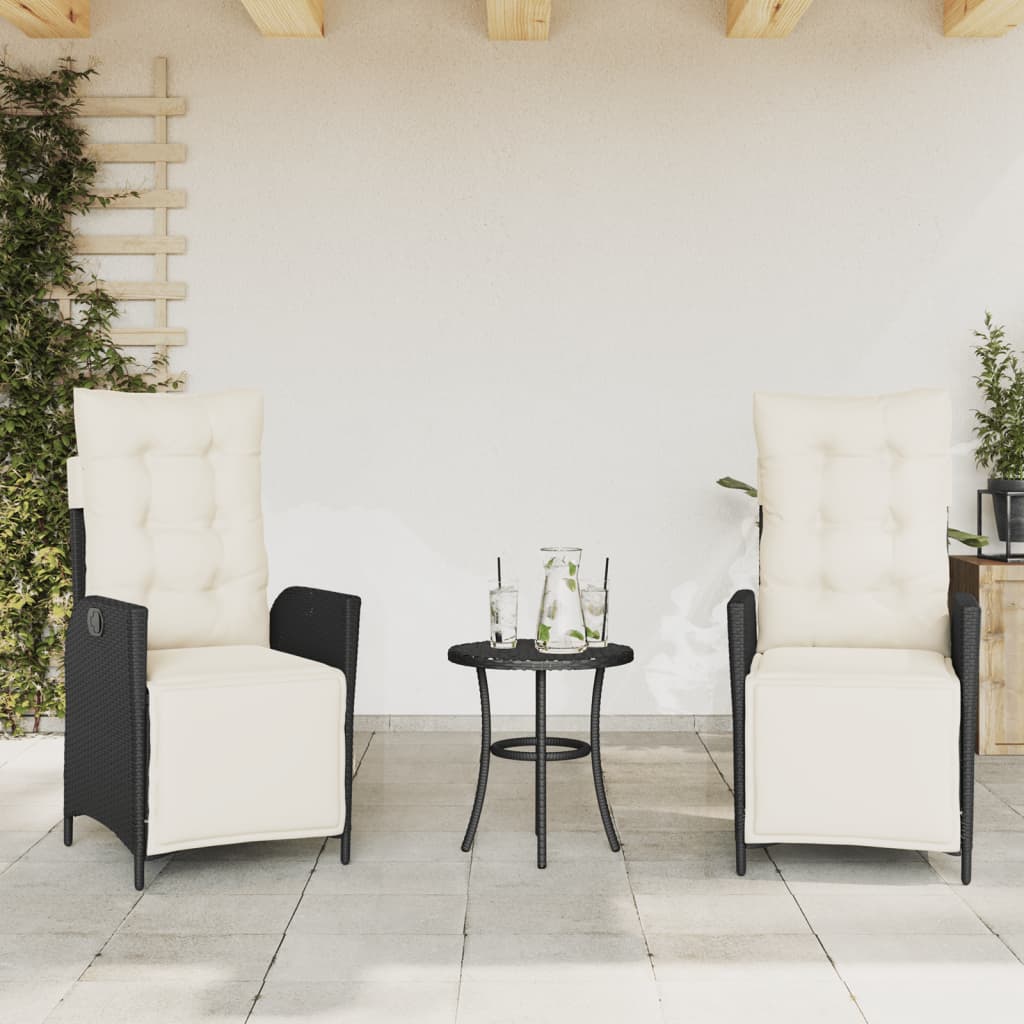 3-tlg. Bistro-Set mit Kissen Schwarz Poly Rattan