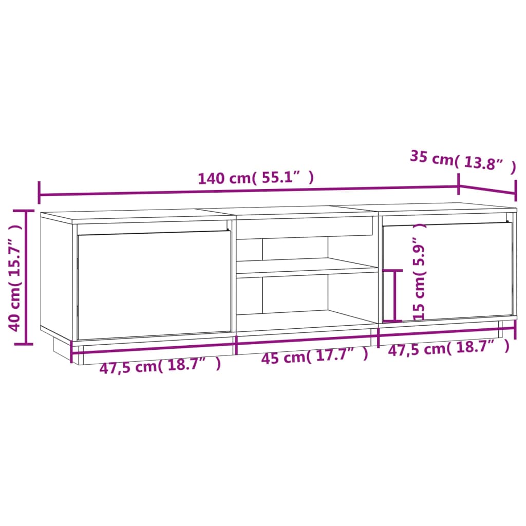 Meuble TV blanc 140x35x40 cm en bois de pin massif