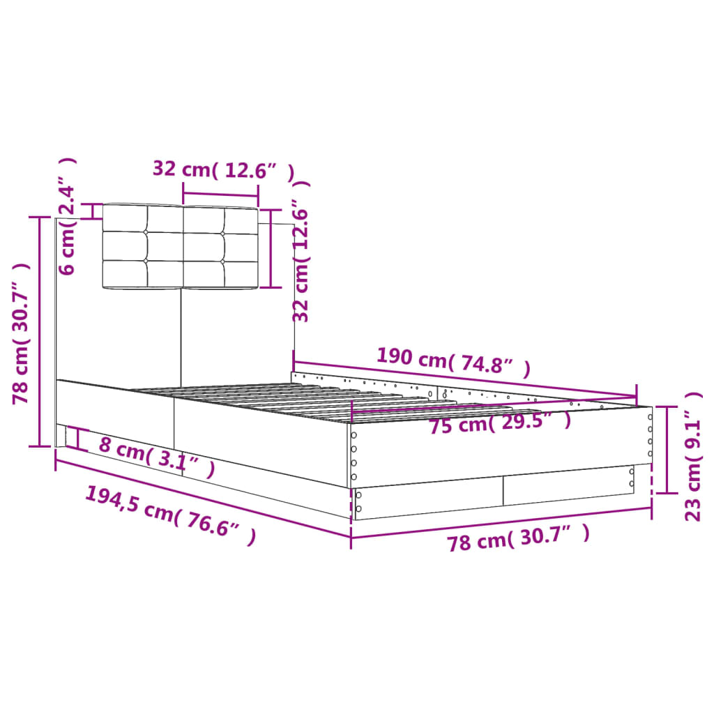 Bettgestell mit Kopfteil Betongrau 75x190 cm Holzwerkstoff