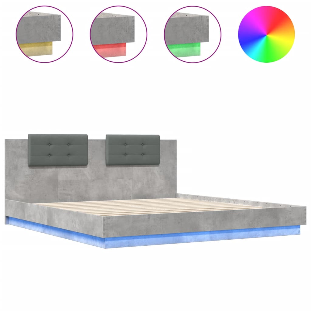 Bettgestell mit Kopfteil und LED-Leuchten Betongrau 200x200 cm