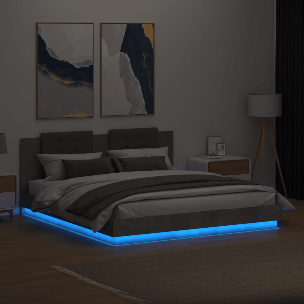 Bettgestell mit Kopfteil und LED-Leuchten Betongrau 200x200 cm