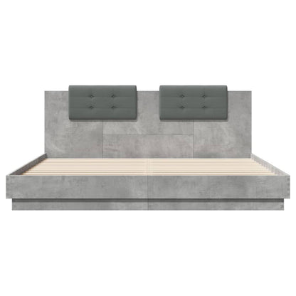 Bettgestell mit Kopfteil und LED-Leuchten Betongrau 200x200 cm