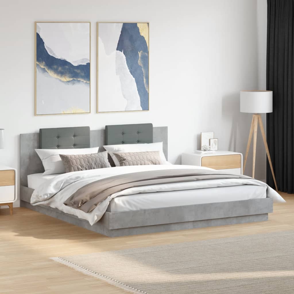 Bettgestell mit Kopfteil und LED-Leuchten Betongrau 200x200 cm