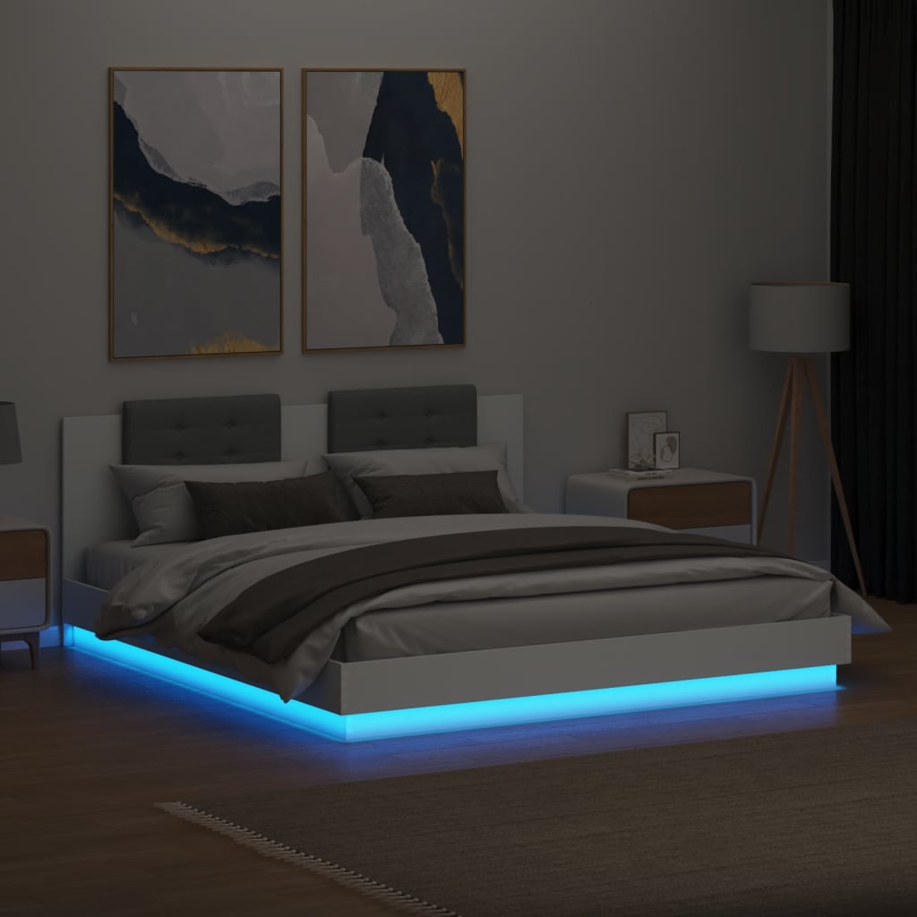 Bettgestell mit Kopfteil und LED-Leuchten Weiß 160x200 cm