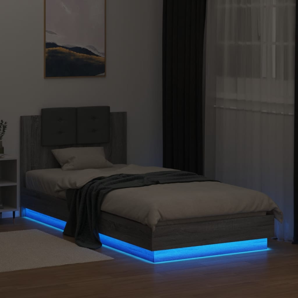 Bettgestell mit Kopfteil und LED-Leuchten Grau Sonoma 100x200cm