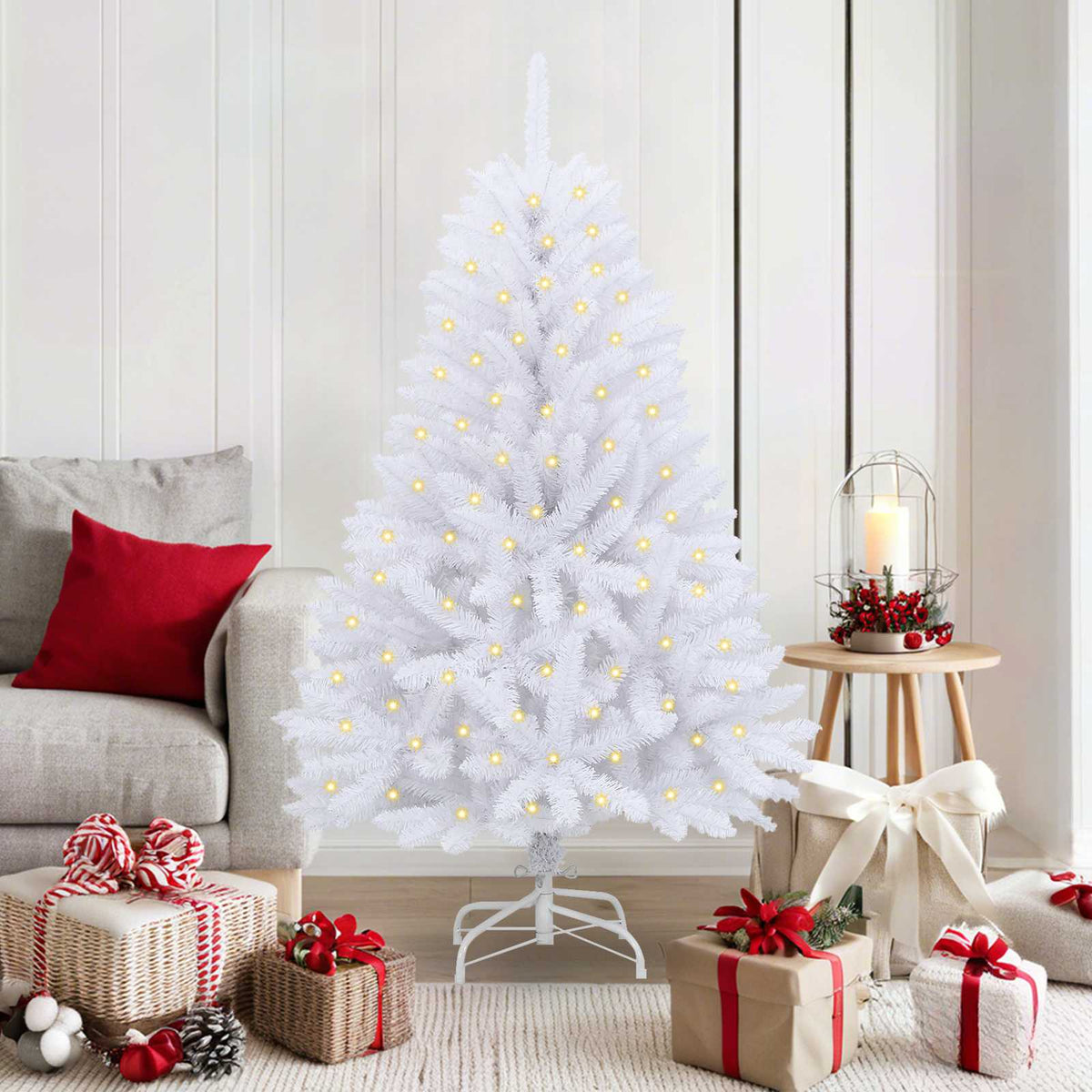 Künstlicher Weihnachtsbaum 150 LEDs PVC und Stahl Weiß