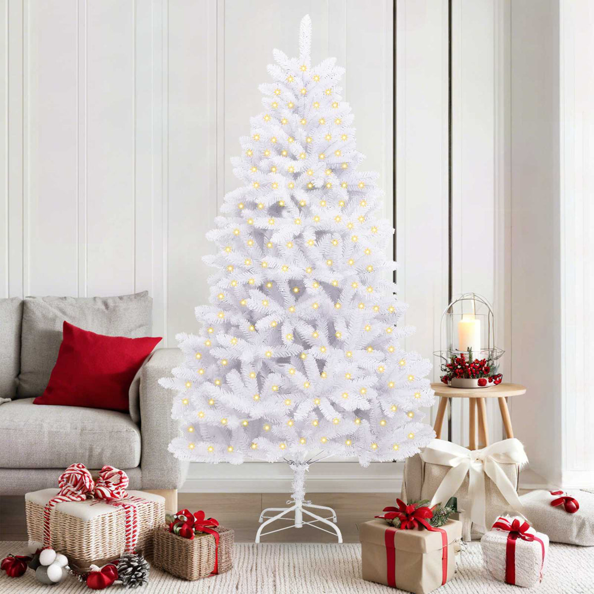 Künstlicher Weihnachtsbaum 300 LEDs PVC und Stahl Weiß