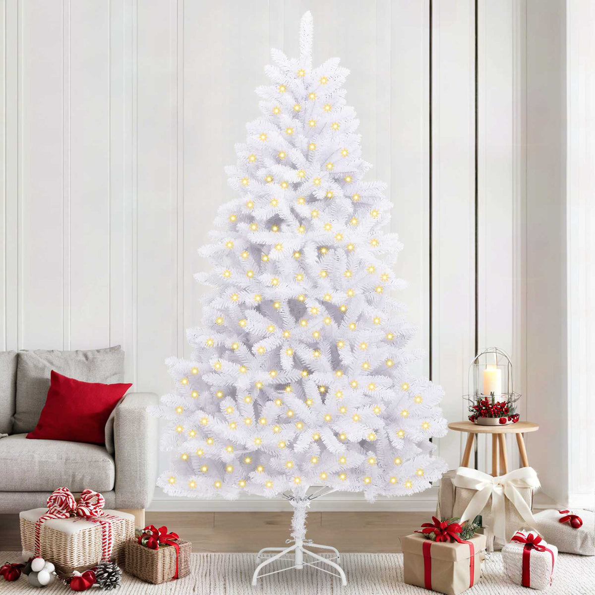 Künstlicher Weihnachtsbaum 300 LEDs PVC und Stahl Weiß