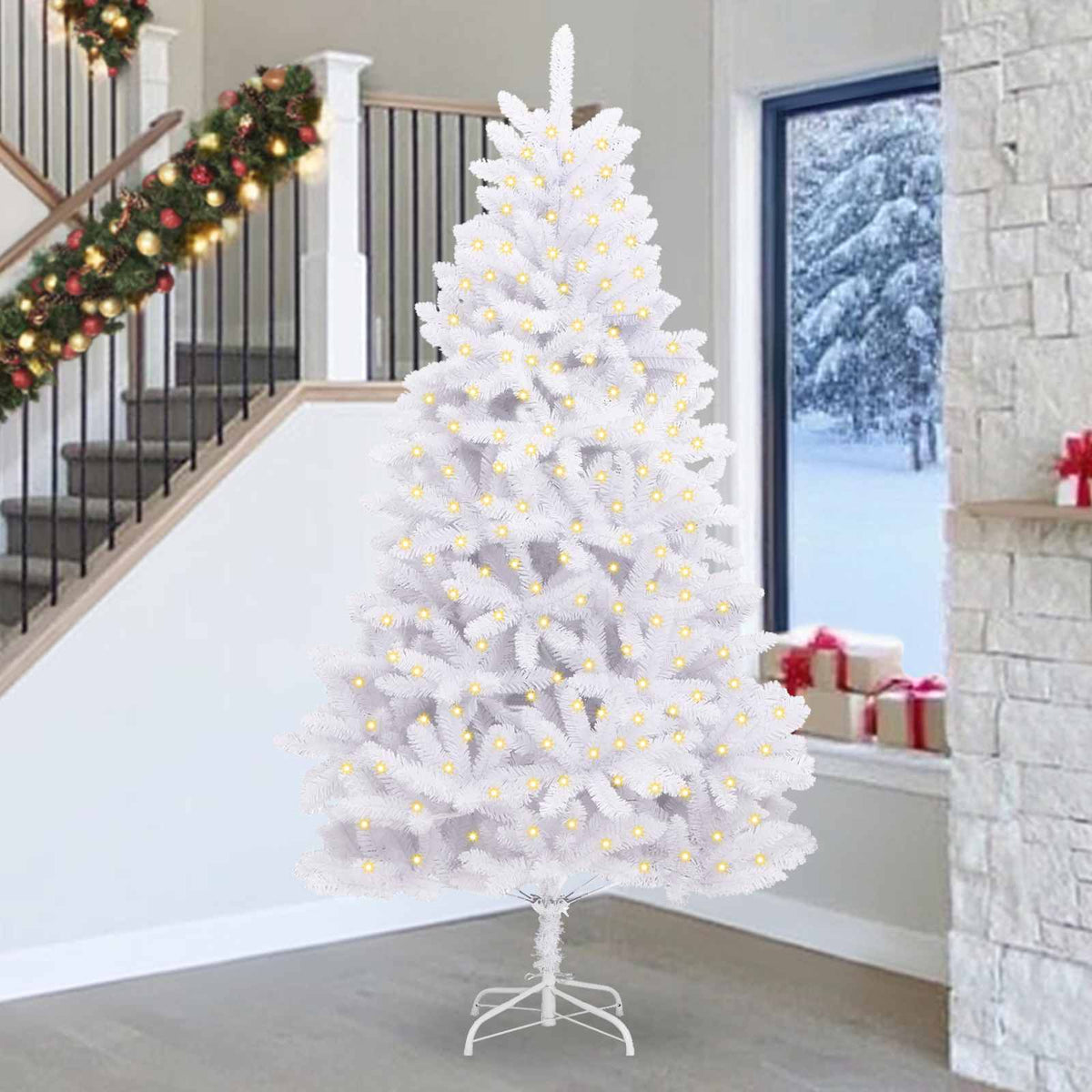 Künstlicher Weihnachtsbaum 300 LEDs PVC und Stahl Weiß