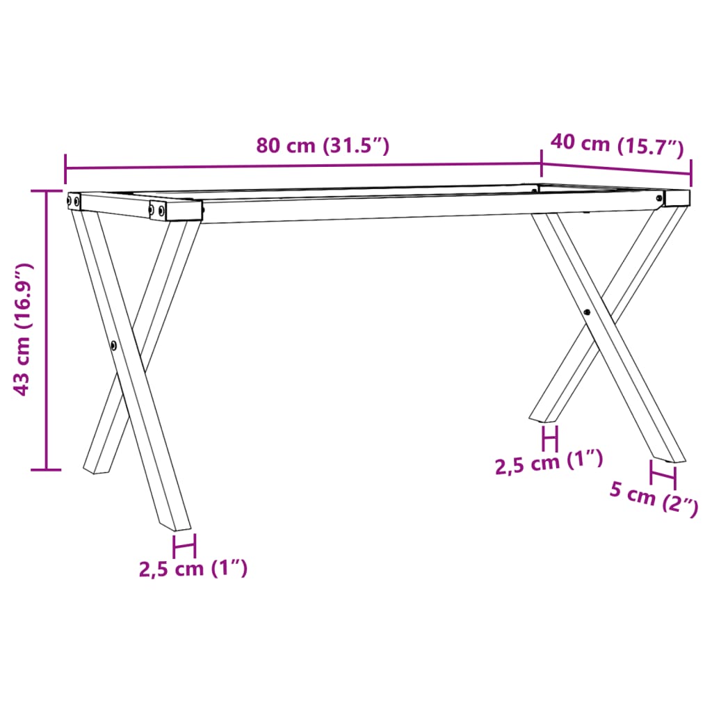Table basse en X, structure en acier 80x40x43 cm