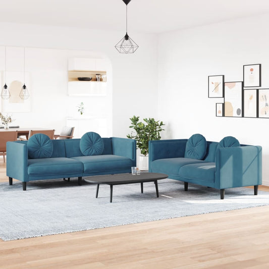 Ensemble de canapé 2 pièces avec coussins en velours bleu