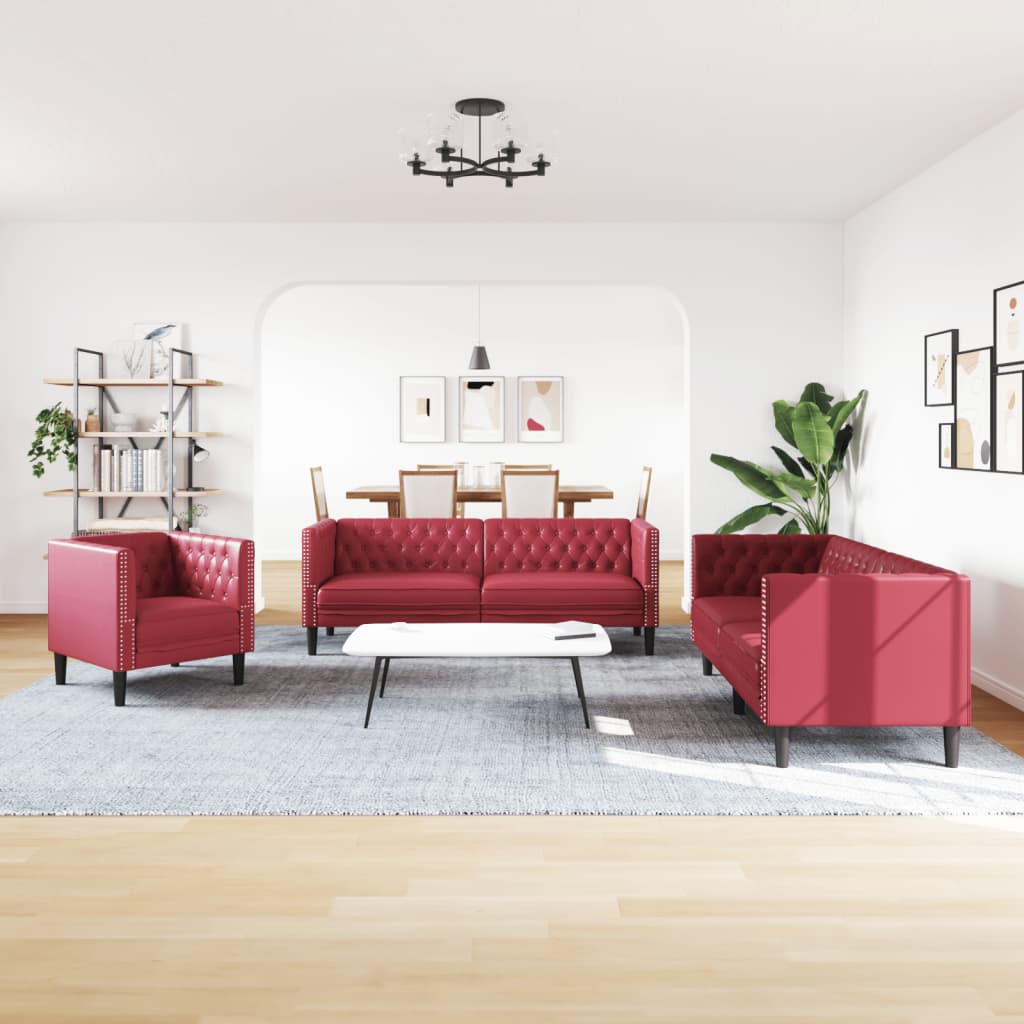 3-tlg. Chesterfield-Sofa-Set Weinrot Kunstleder