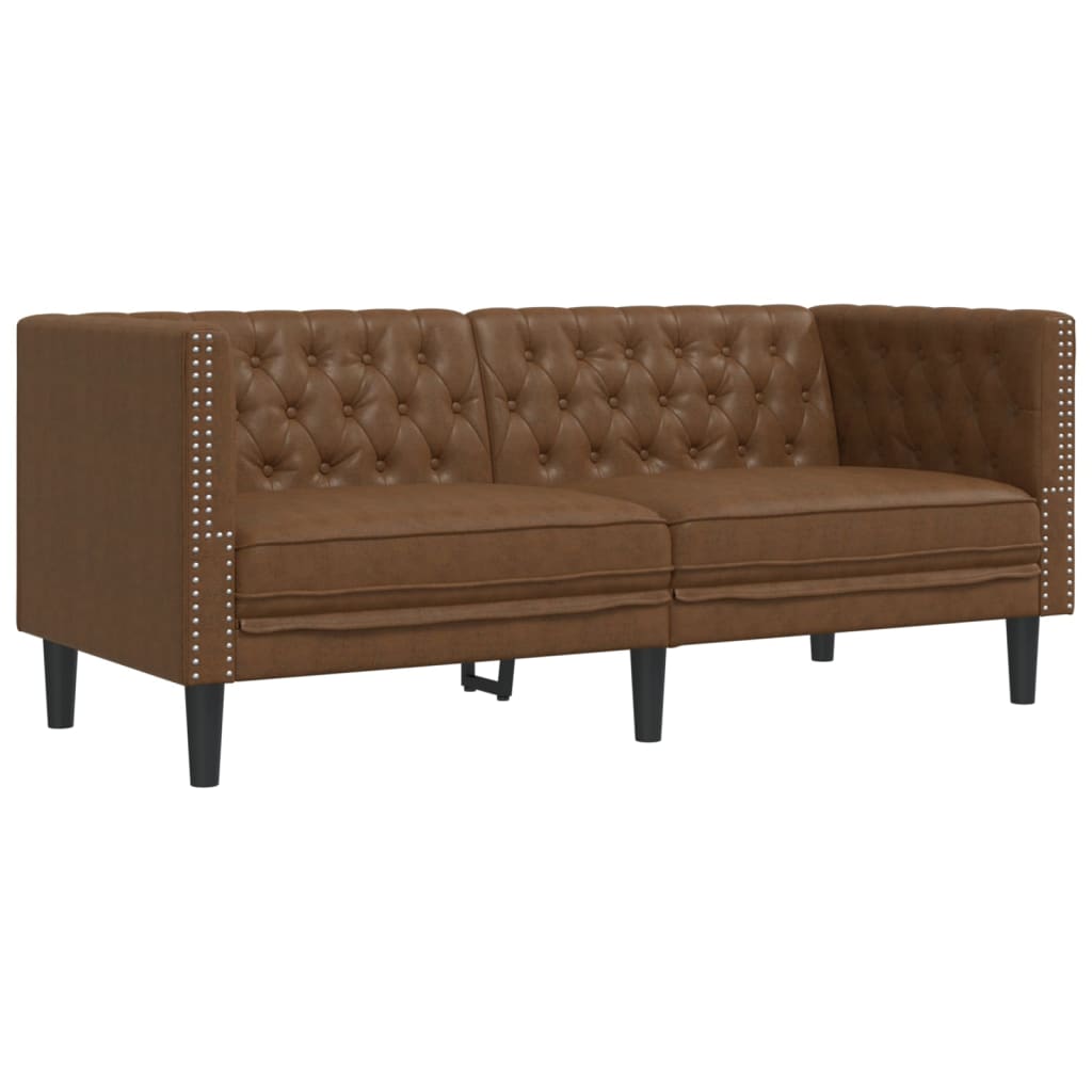 3-tlg. Chesterfield-Sofa-Set Braun Kunstleder Wildleder-Optik