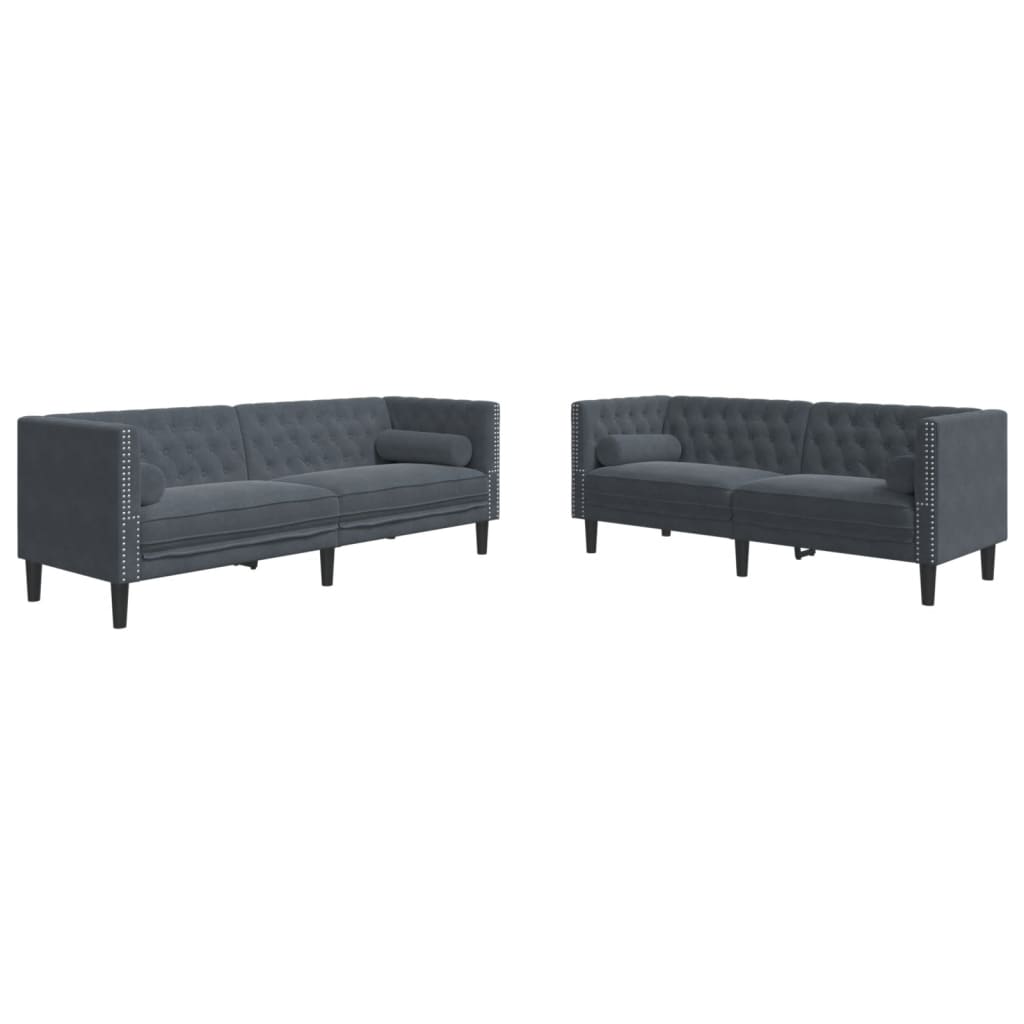 2-piece Chesterfield sofa set with bolsters in dark grey velvet