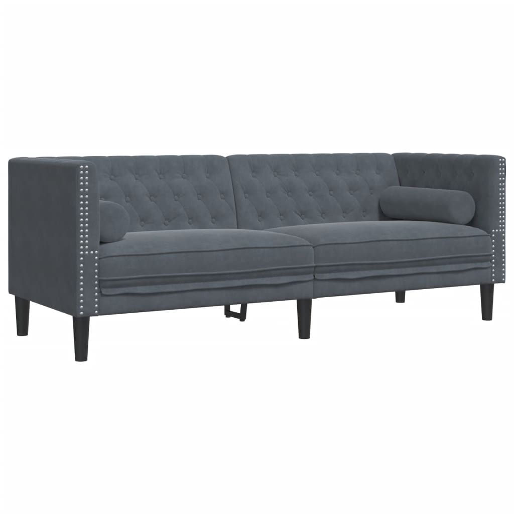 2-piece Chesterfield sofa set with bolsters in dark grey velvet