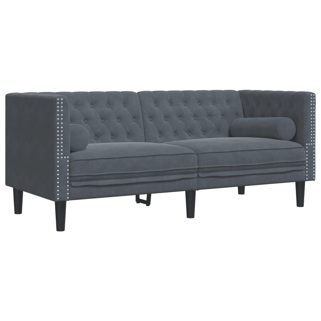 2-piece Chesterfield sofa set with bolsters in dark grey velvet