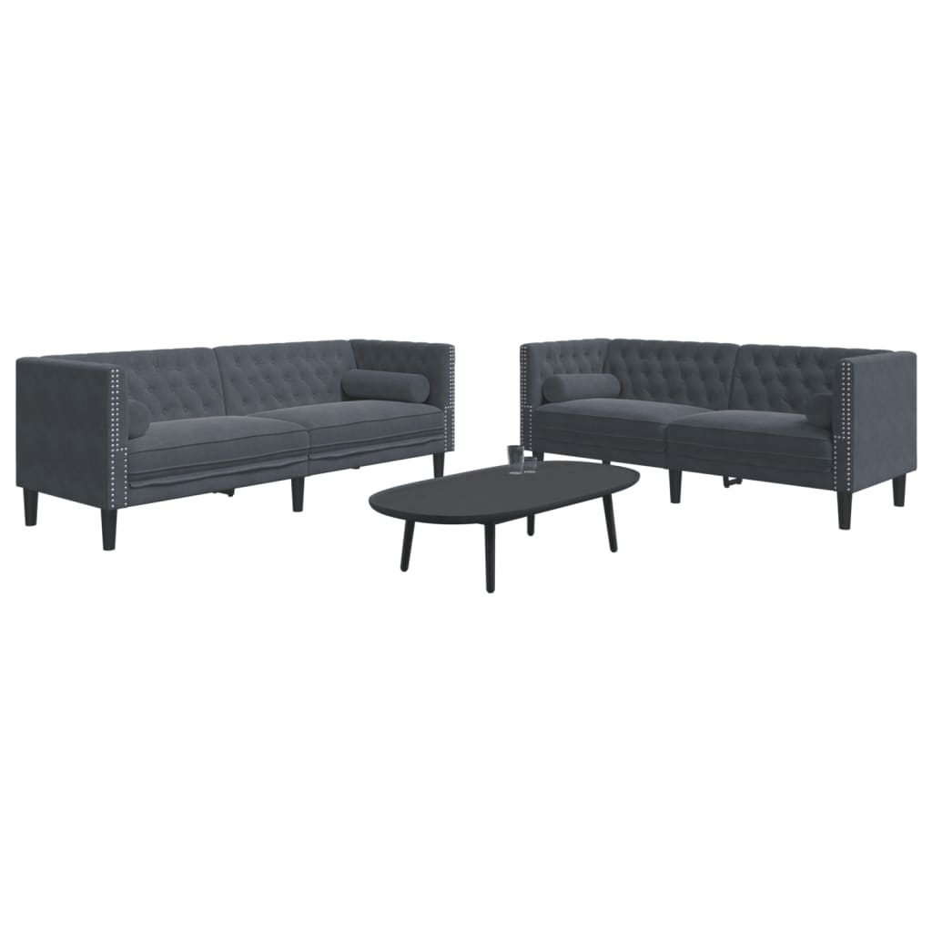 2-piece Chesterfield sofa set with bolsters in dark grey velvet