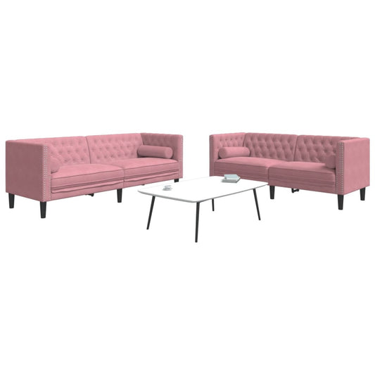 2-tlg. Chesterfield-Sofa-Set mit Nackenrollen Rosa Samt
