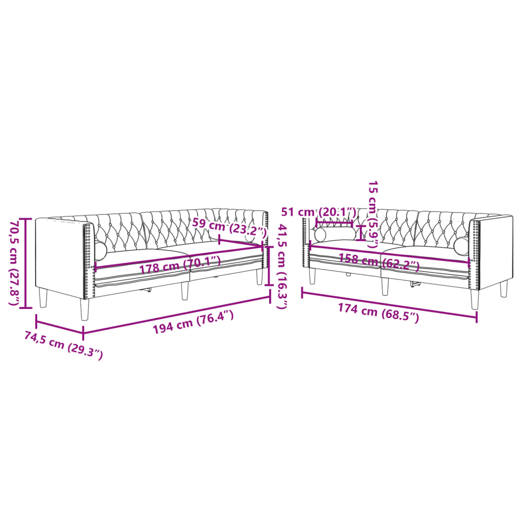 2-tlg. Chesterfield-Sofa-Set mit Nackenrollen Gelb Samt