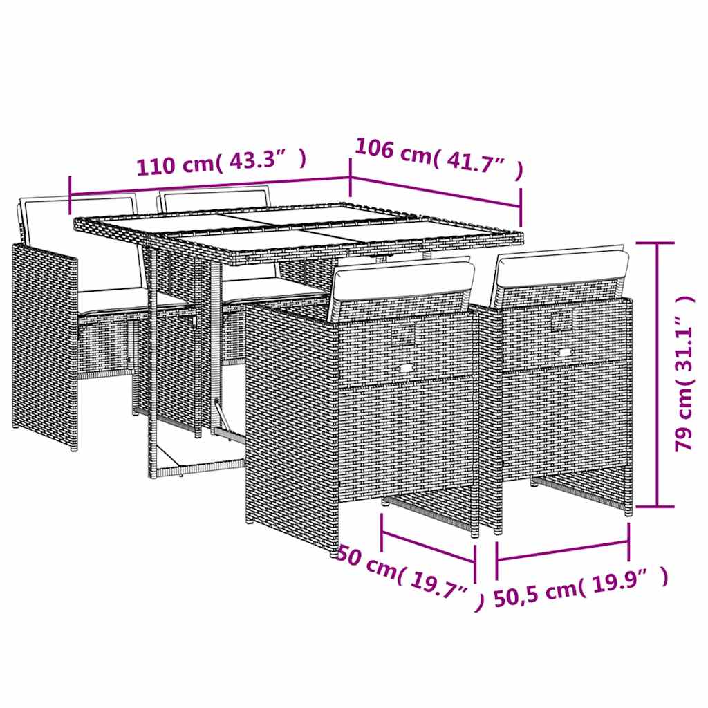 5-tlg. Garten-Essgruppe mit Kissen Braun Poly Rattan