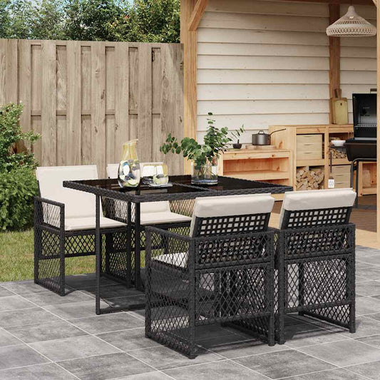 5-tlg. Garten-Essgruppe mit Kissen Schwarz Poly Rattan
