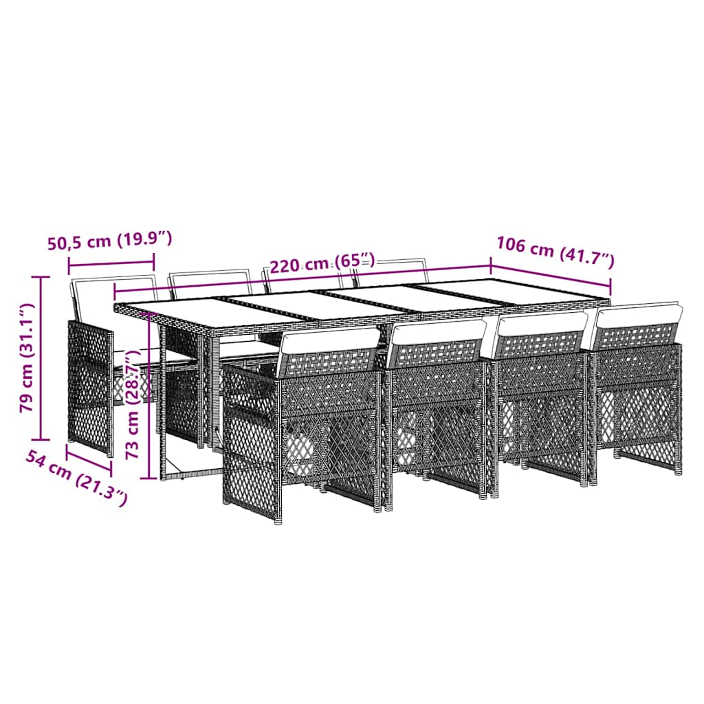 9-tlg. Garten-Essgruppe mit Kissen Grau Poly Rattan