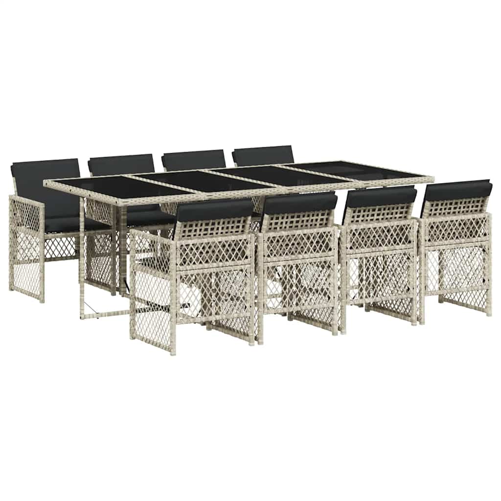 9-tlg. Garten-Essgruppe mit Kissen Hellgrau Poly Rattan