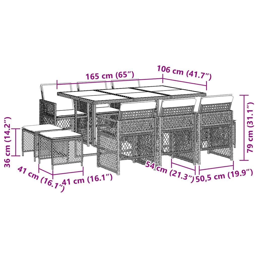 11-tlg. Garten-Essgruppe mit Kissen Hellgrau Poly Rattan