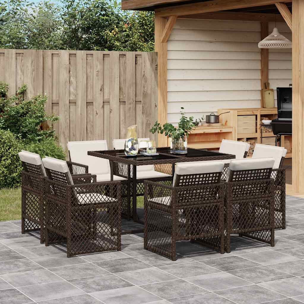 9-tlg. Garten-Essgruppe mit Kissen Braun Poly Rattan