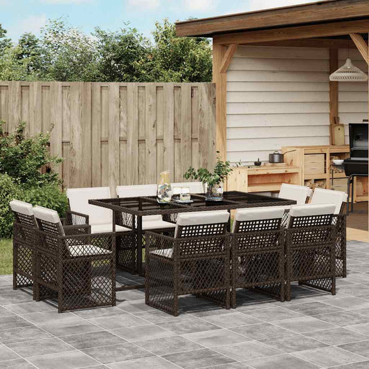 11-tlg. Garten-Essgruppe mit Kissen Braun Poly Rattan
