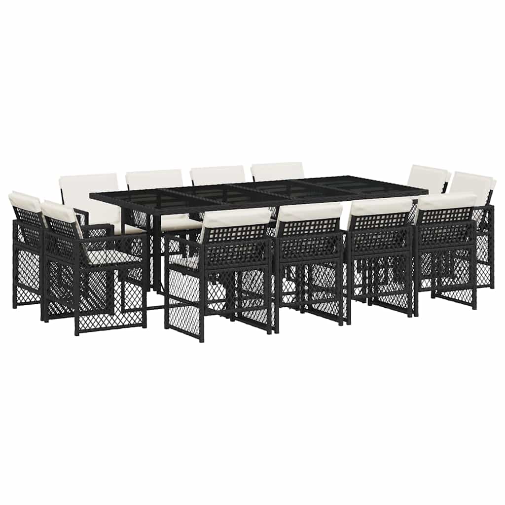 13-tlg. Garten-Essgruppe mit Kissen Schwarz Poly Rattan