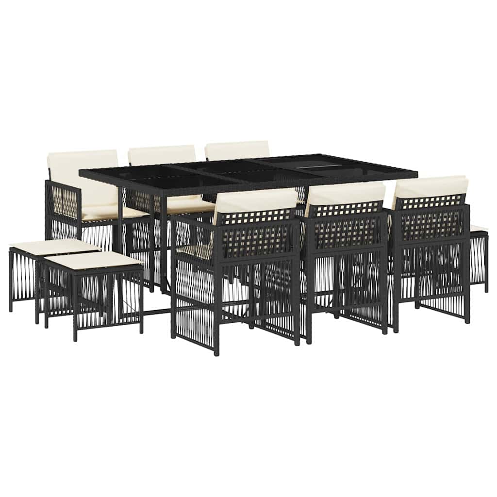 11-tlg. Garten-Essgruppe mit Kissen Schwarz Poly Rattan