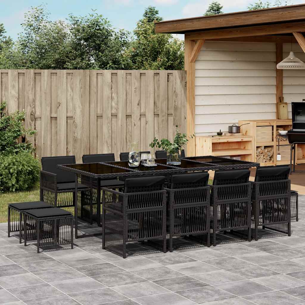 13-tlg. Garten-Essgruppe mit Kissen Schwarz Poly Rattan