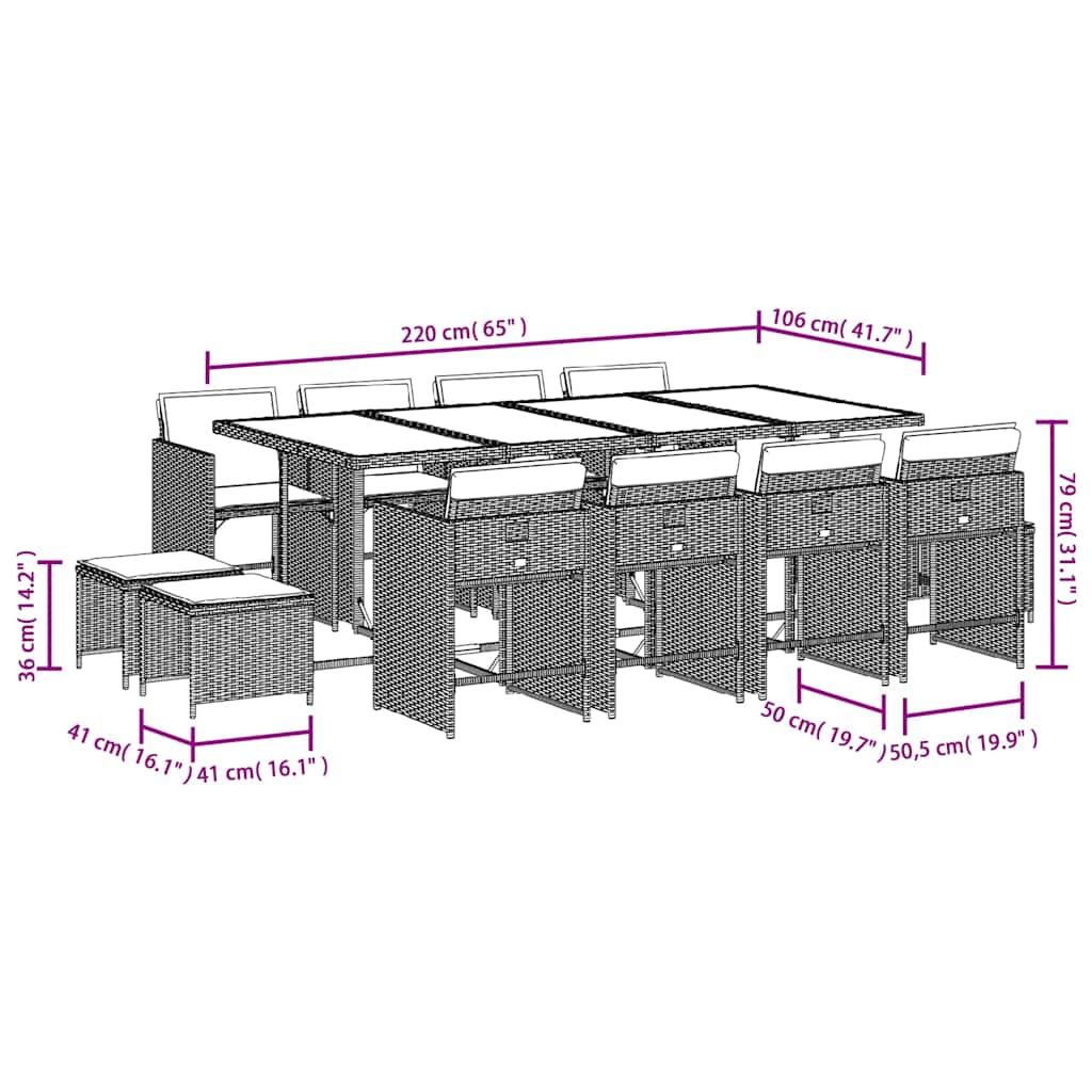 13-tlg. Garten-Essgruppe mit Kissen Braun Poly Rattan