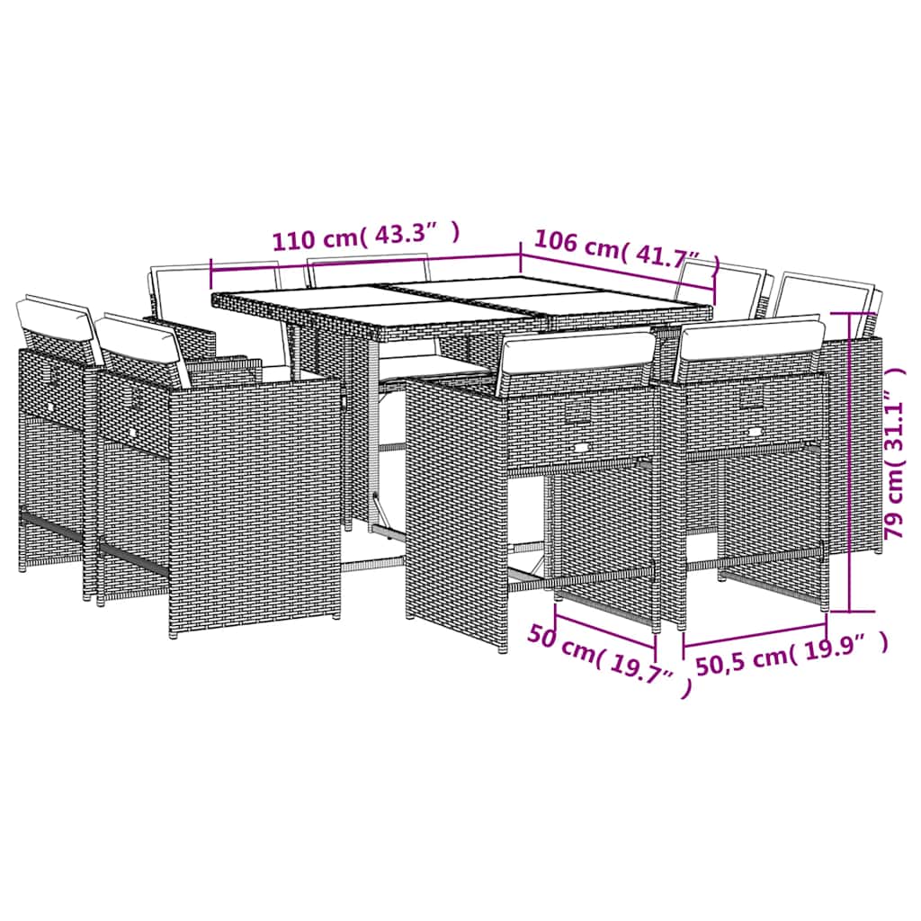 9-tlg. Garten-Essgruppe mit Kissen Beige Poly Rattan