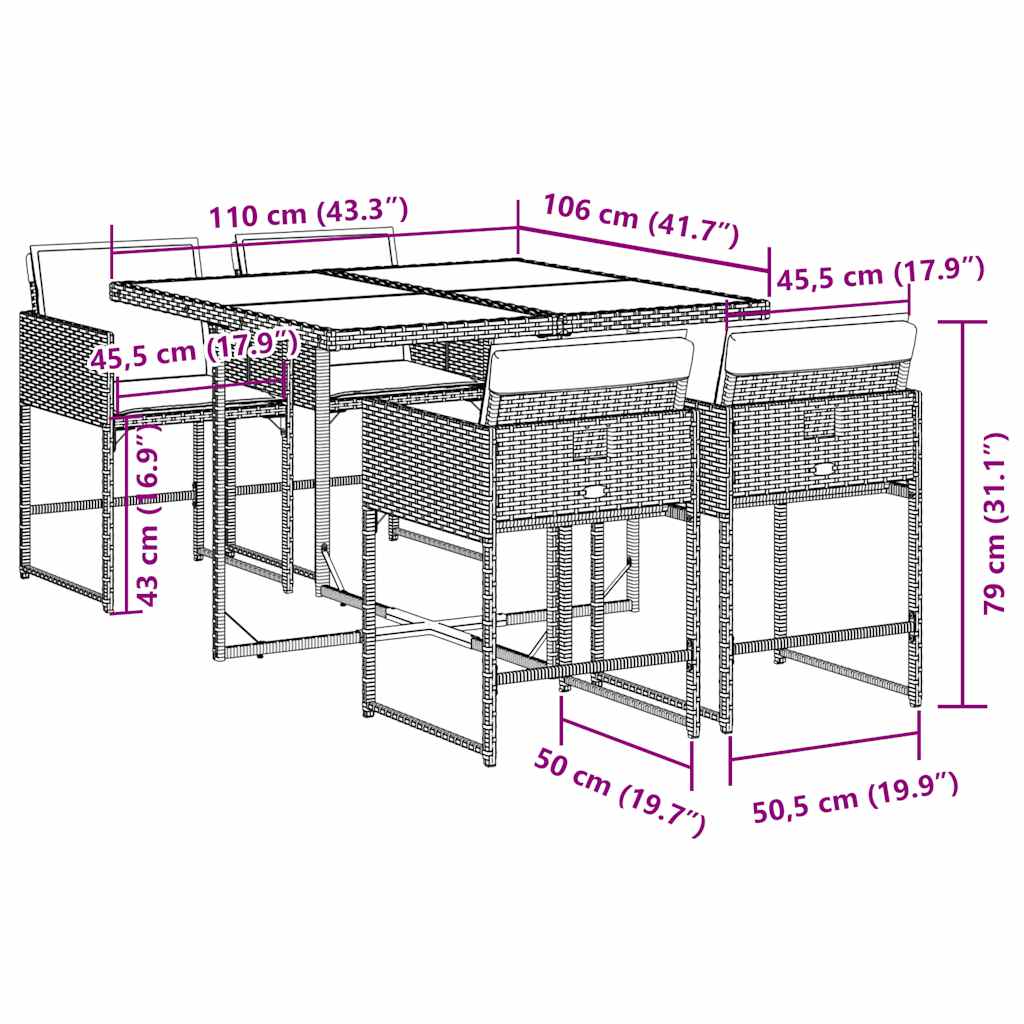 5-tlg. Garten-Essgruppe mit Kissen Schwarz Poly Rattan