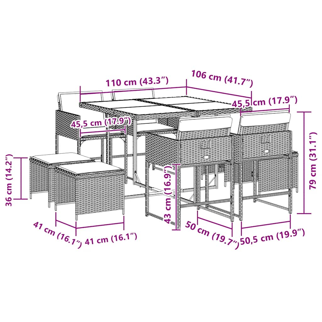 9-tlg. Garten-Essgruppe mit Kissen Grau Poly Rattan