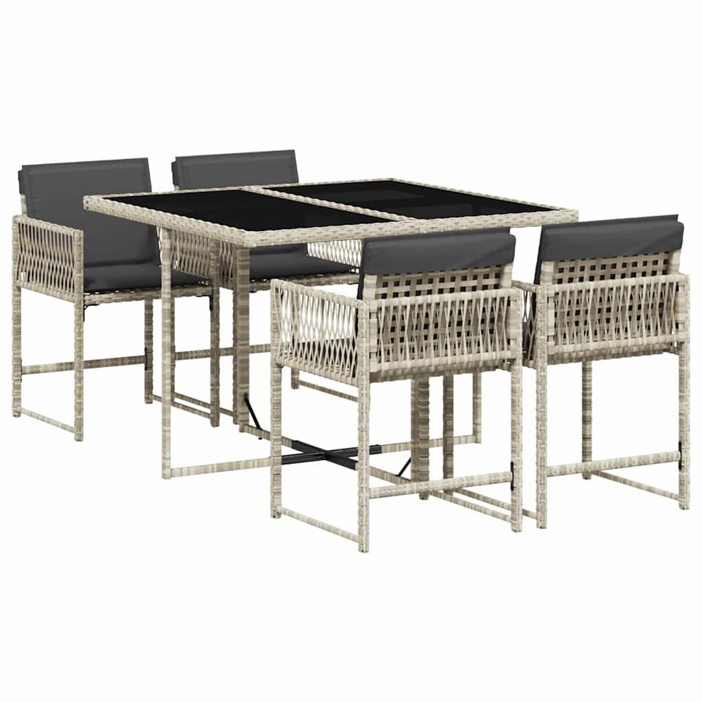 5-tlg. Garten-Essgruppe mit Kissen Hellgrau Poly Rattan