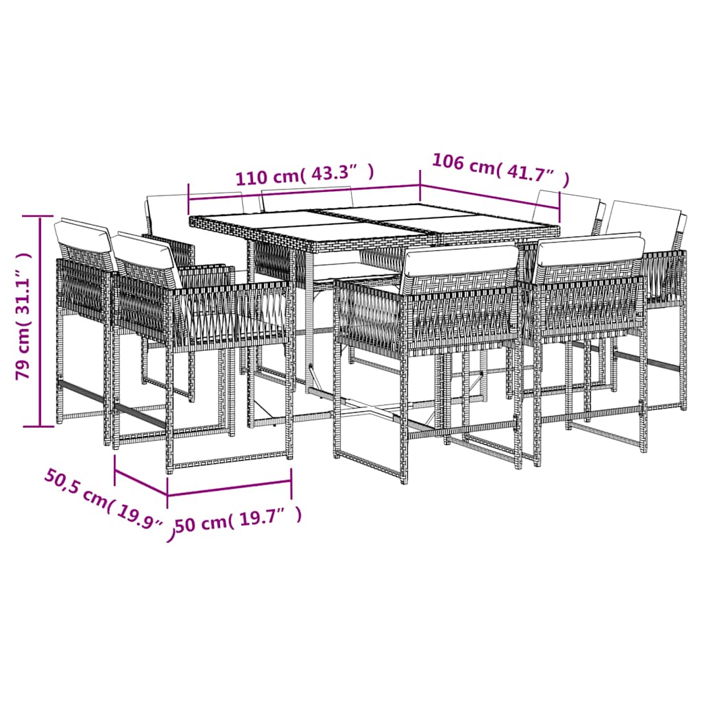 9-tlg. Garten-Essgruppe mit Kissen Braun Poly Rattan