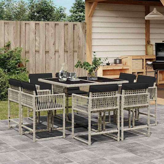 9-tlg. Garten-Essgruppe mit Kissen Hellgrau Poly Rattan