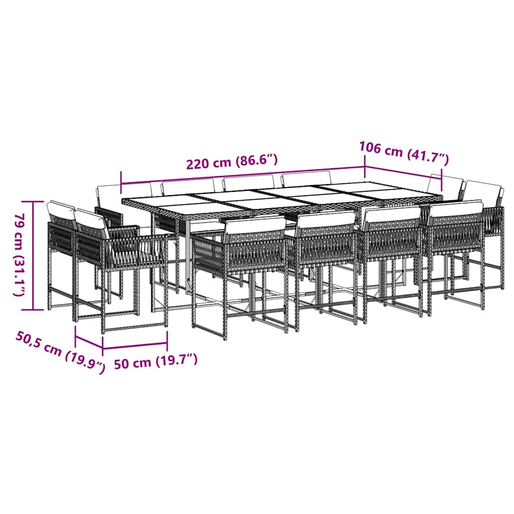 13-tlg. Garten-Essgruppe mit Kissen Grau Poly Rattan
