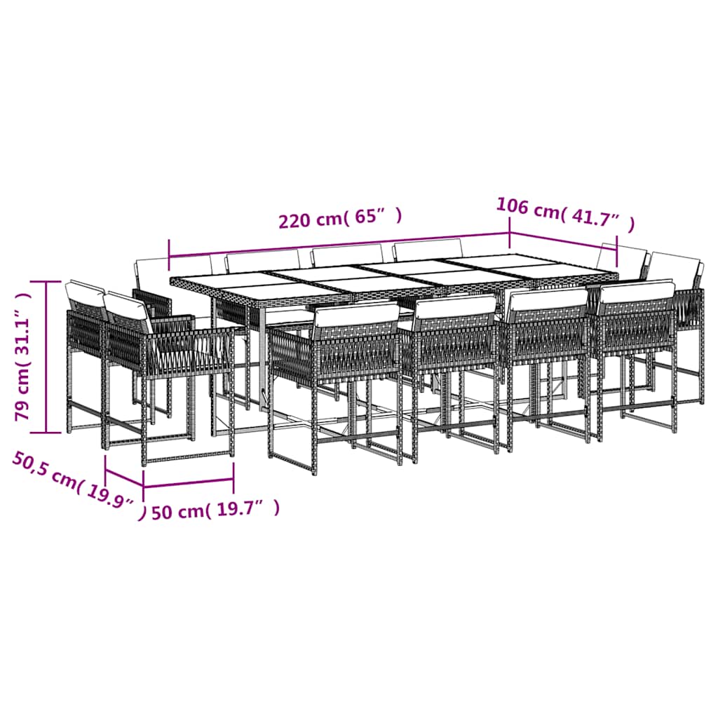 13-tlg. Garten-Essgruppe mit Kissen Hellgrau Poly Rattan
